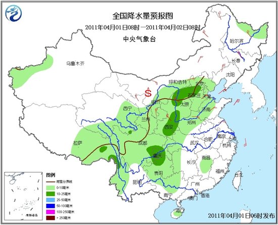 4月1日8时-2日8时全国降水量预报图