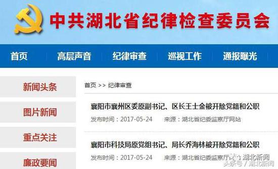 湖北纪委通报多名领导干部处理结果